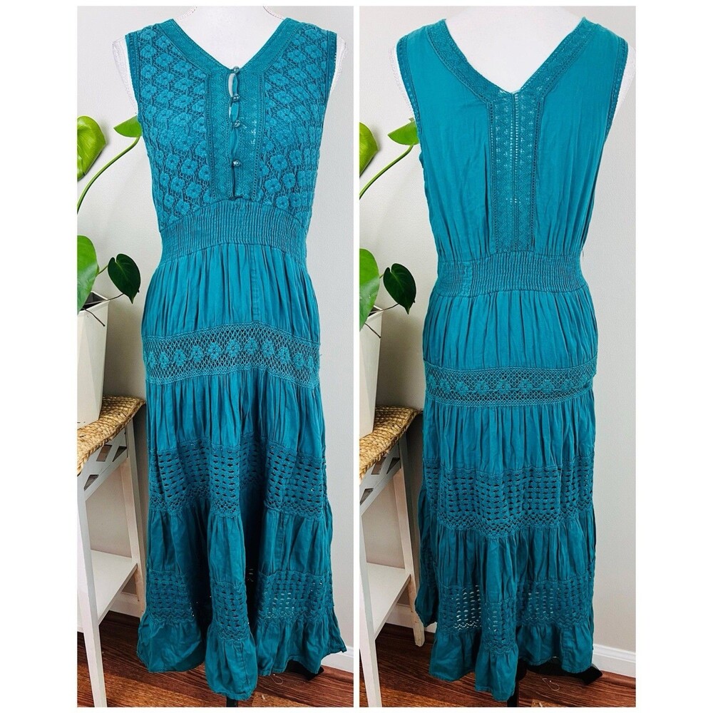NAOO Nation AK Outfits Teal Cotton Crochet Eyelet Tiered Boho Maxi Dress Small
